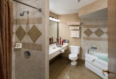 Bathroom, with tile shower, sink, toilet, towel rack, and large whirlpool tub